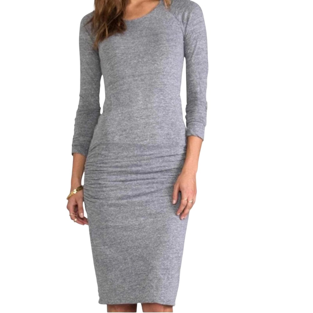 Monrow Baseball Long Sleeve Dress Midi Shirred Side Ruched Jersey Bodycon Size L